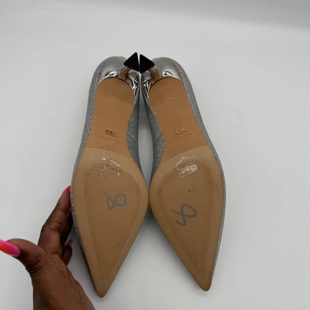 Charles & Keith Silver Glitter Buckle Pointed Toe Pumps 60580031-41 Size 41